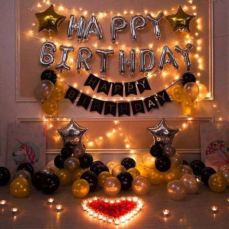 Birthday/Anniversary Balloon Decoration with Lights and Rose Petals - My Store